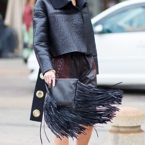 Suede fringe crossbody clutch black vegan leather